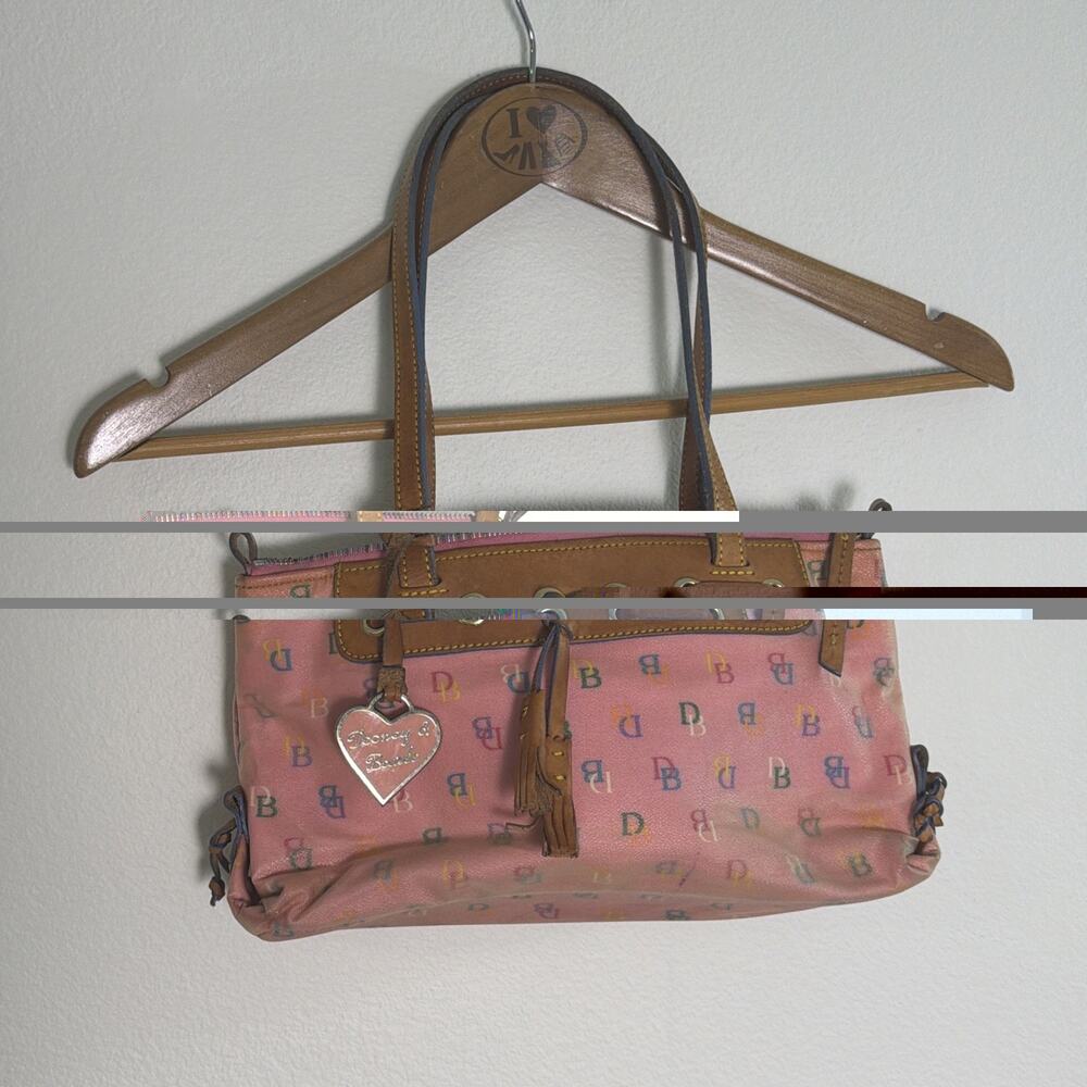 VTG Dooney & Bourke Shoulder Bag Rainbow Pink Scribble Logo Tassels Charm Y2K